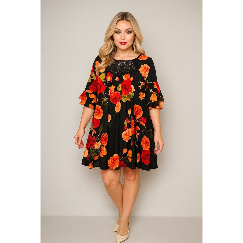 Umgee Off Shoulder Bell Sleeve Floral Mini Dress Size Small Hippie Peasant Gypsy